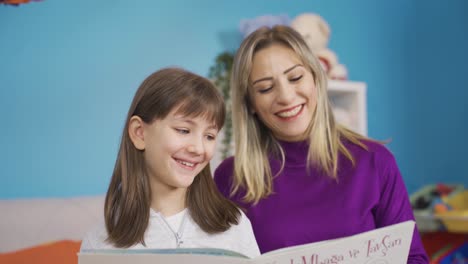 Happy-mother-and-daughter-reading-book-at-home,-reading-fairy-tale,-Clever-daughter.-Family-love.
